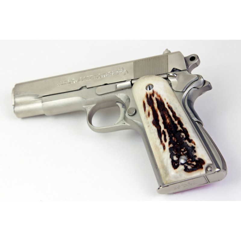 FITTED WITH ANTIQUED SILVER STARS GRIP KING COMPACT 1911 GRIPS.SALE 45.73 A WOW !!! THE VERY BEST REALISTIC AGED SAMBAR STAG FAUX MOUNTING HOLES 2 11/16 TO CENTERS 