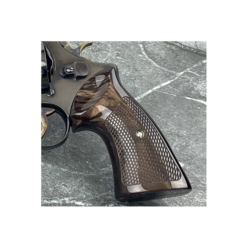thumbnail image 2 of Handmade Checkered Wood Grips For S&W K/L Frame Round Butt Revolvers – Closed Back – Made In Thailand 2 of 6